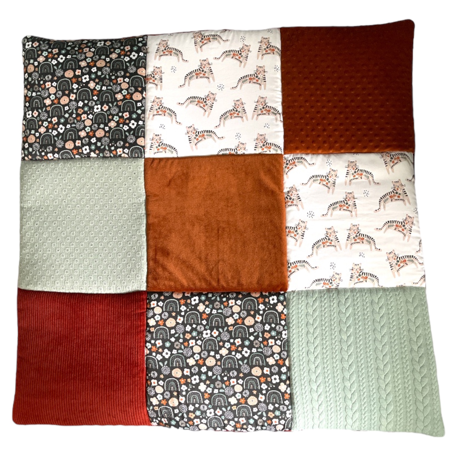 tapis-éveil-sensoriel-thème-floral-avec-chat-cadeau-de-naissance-tapis-100cm-9 carreaux-tissus-coton